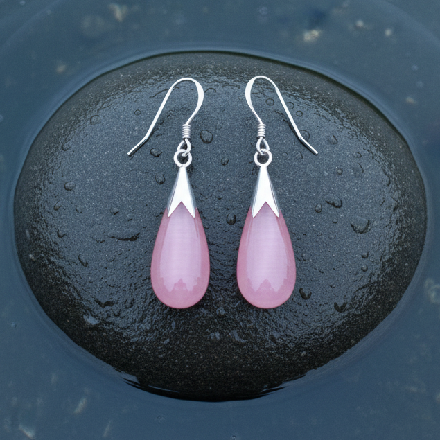 Roze edelstenen oorbellen met kattenoog en sterling zilver (925) liggend op steen in water | Cat&