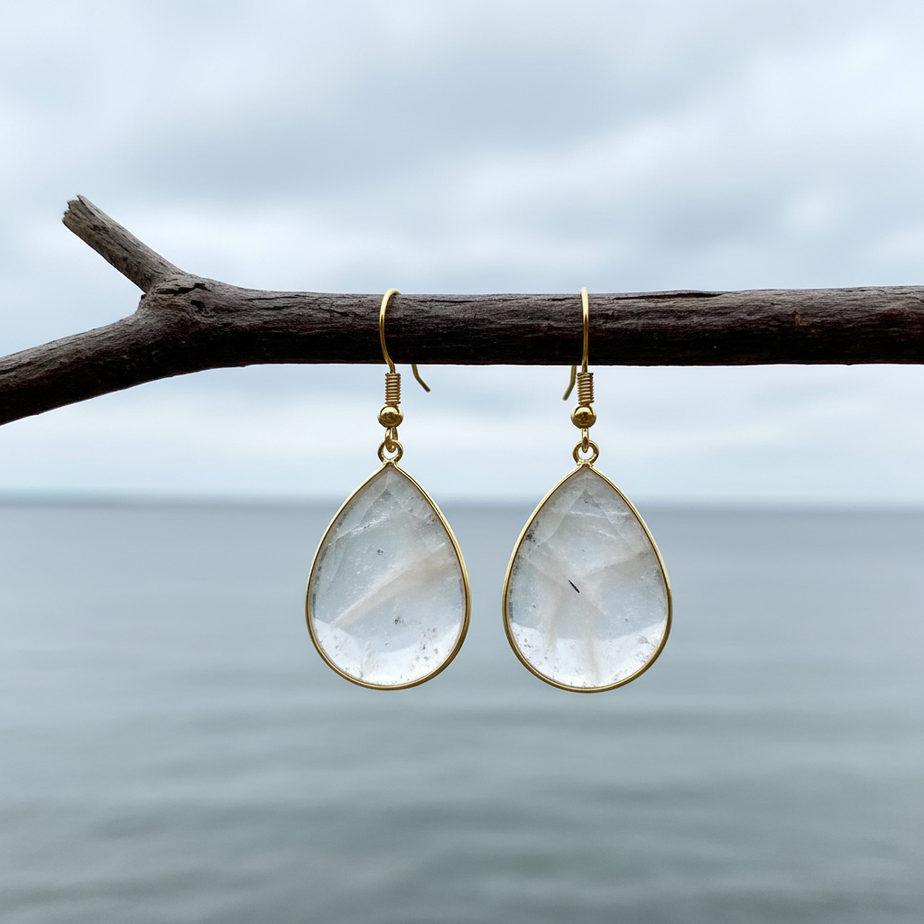 Edelstenen oorbellen met bergkristal en goud edelstaal hangend aan takje | Clarice