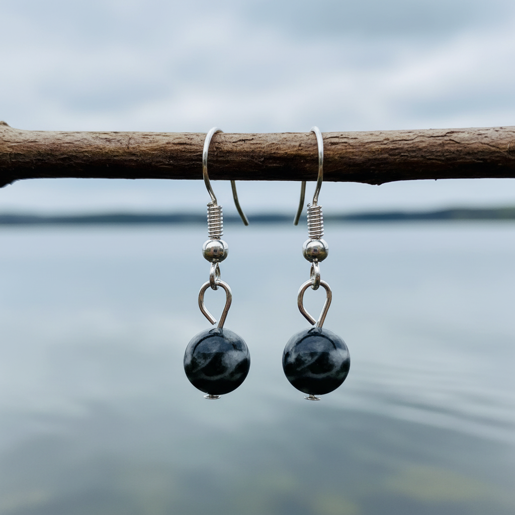 Edelstenen oorbellen met zwarte labradoriet en sterling zilver (925) hangend aan takje | Dangling Black Labradorite