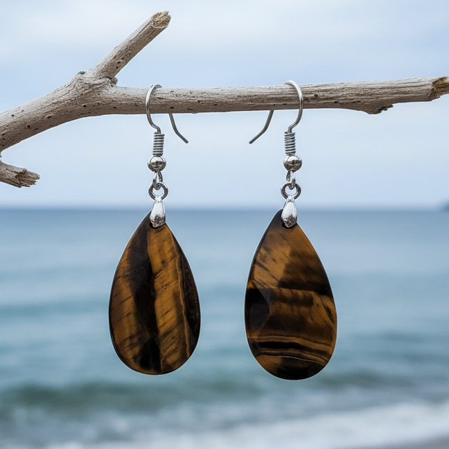 Bruine edelstenen oorbellen met tijgeroog en sterling zilver (925) hangend aan takje| Facet Tiger Eye