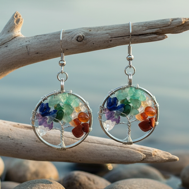 Edelstenen oorbellen met levensboom hangend aan tak boven keien | Gemstone Tree of Life