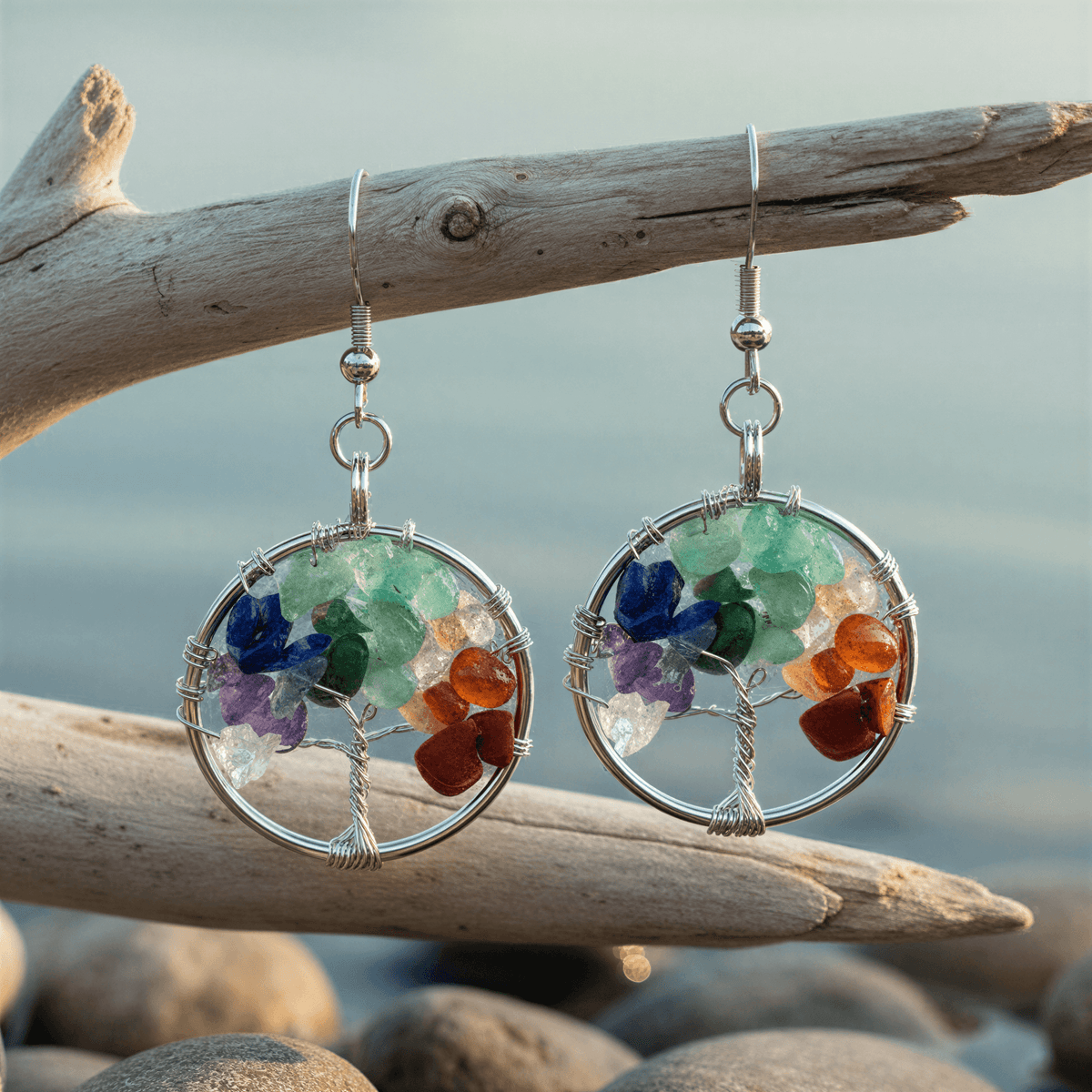 Edelstenen oorbellen met levensboom hangend aan tak boven keien | Gemstone Tree of Life