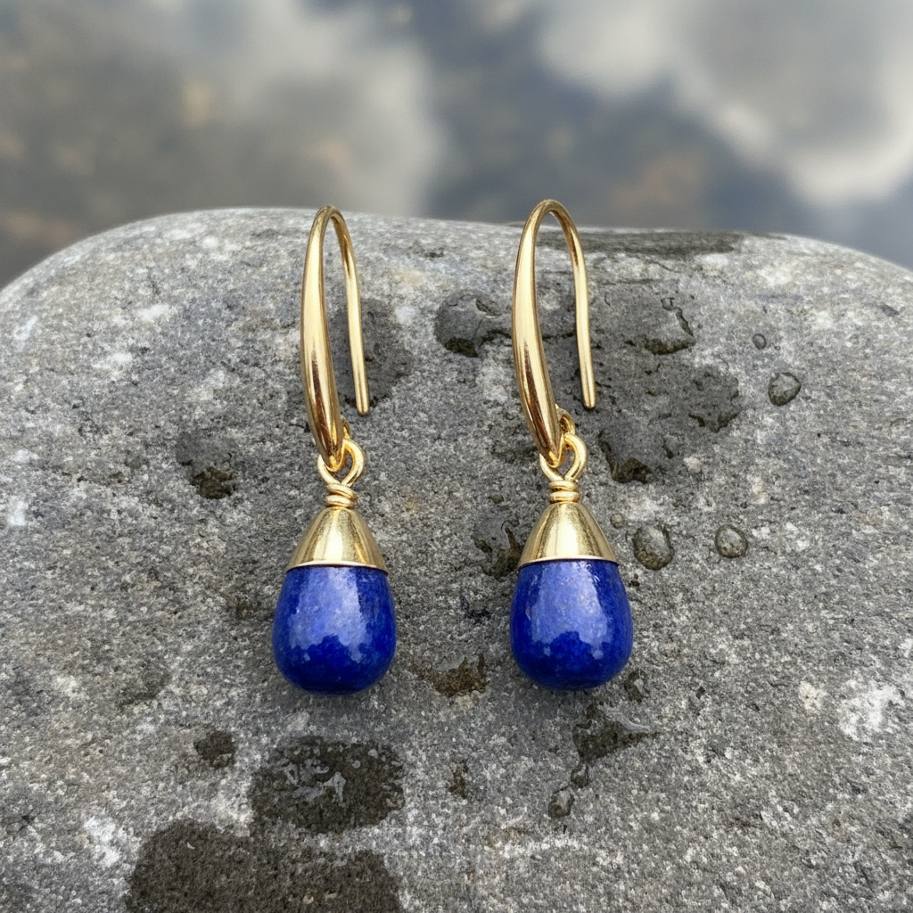 Blauw edelstenen oorbellen met lapis lazuli liggend op natte steen - Gold Dip Lapis Lazuli Small