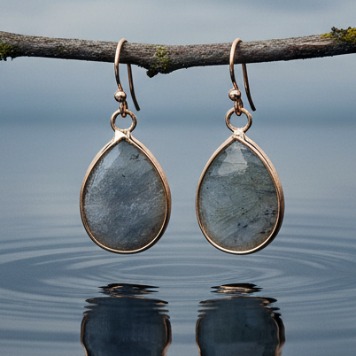 Edelstenen oorbellen met labradoriet in druppel vorm en goud edelstaal hangend aan takje boven water | Labradorite Small Teardrop