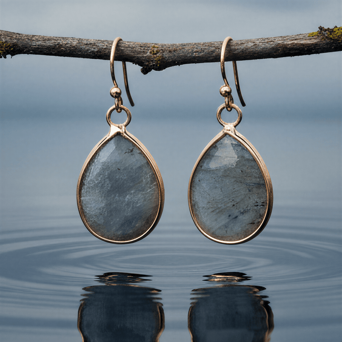 Edelstenen oorbellen met labradoriet in druppel vorm en goud edelstaal hangend aan takje boven water | Labradorite Small Teardrop
