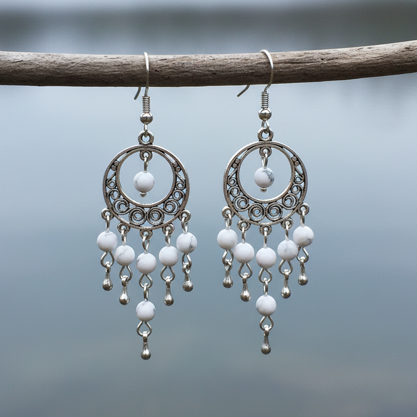 Witte edelstenen oorbellen met sterling zilver (925) en howliet hangend aan takje | Oriental Howlite