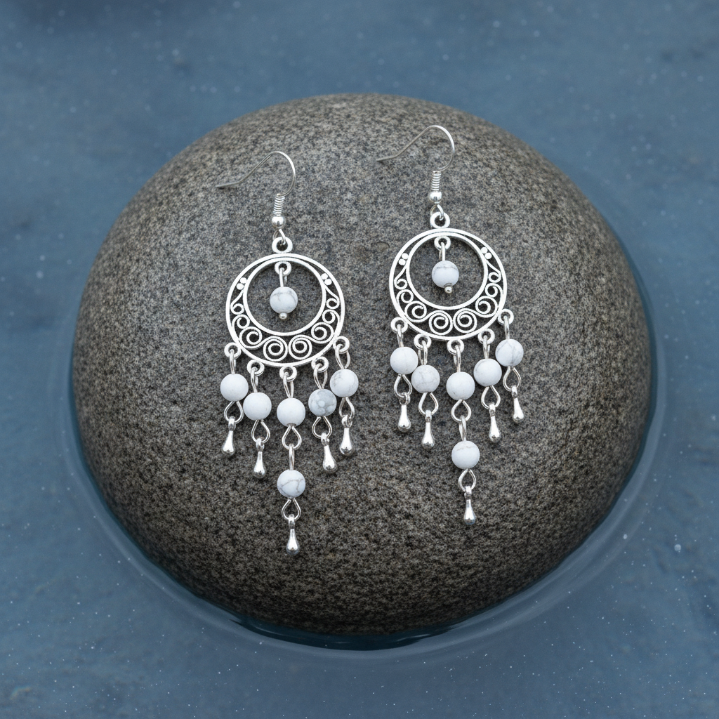 Witte edelstenen oorbellen met sterling zilver (925) en howliet liggend op steen | Oriental Howlite