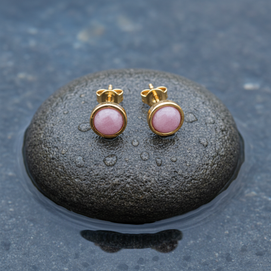 Edelstenen oorknopjes met roze rhodoniet en goud liggend op steen | Rhodonite Small