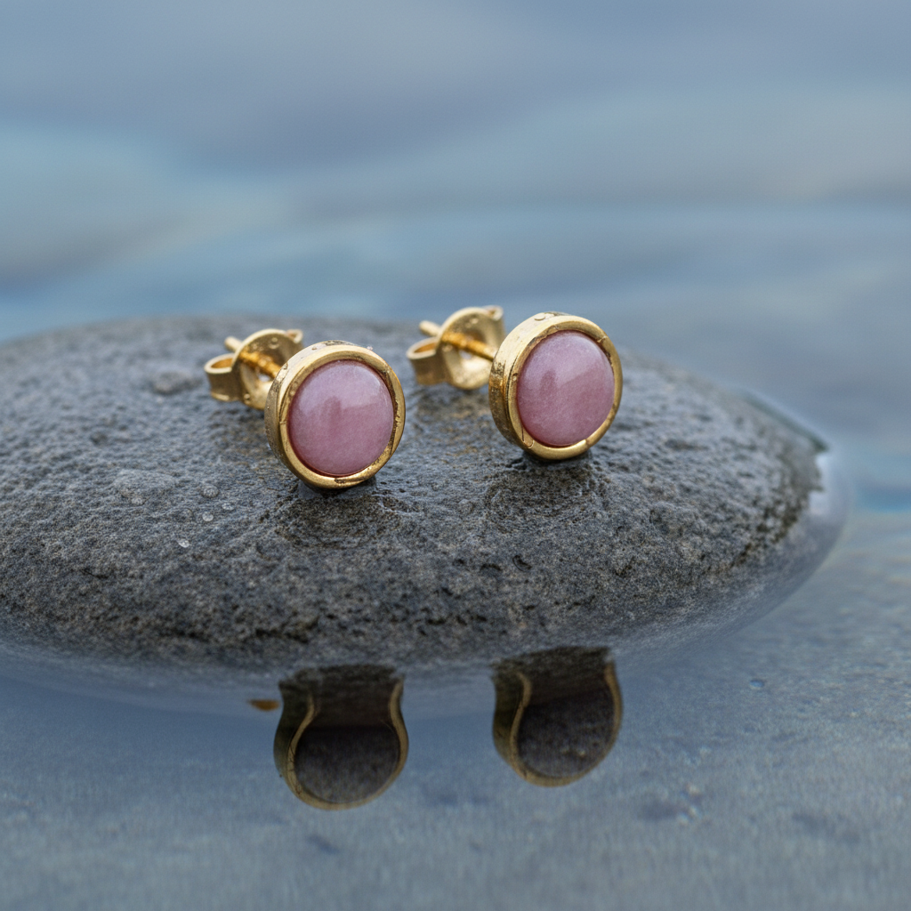 Edelstenen oorknopjes met roze rhodoniet en goud liggend op steen zijaanzicht | Rhodonite Small