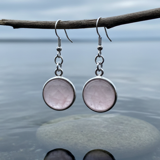Roze edelstenen oorbellen met rozenkwarts en sterling zilveren oorbelhaakjes, rozenkwarts oorhangers hangend aan takje boven water | rosé Quartz Round