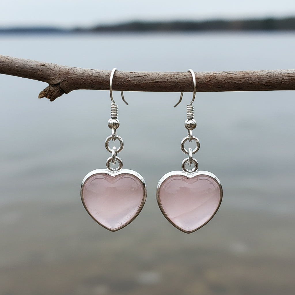 Roze edelstenen oorbellen met rozenkwarts in hart vorm en sterling zilver (925) hangend aan takje | Rosé Quartz Silver Heart