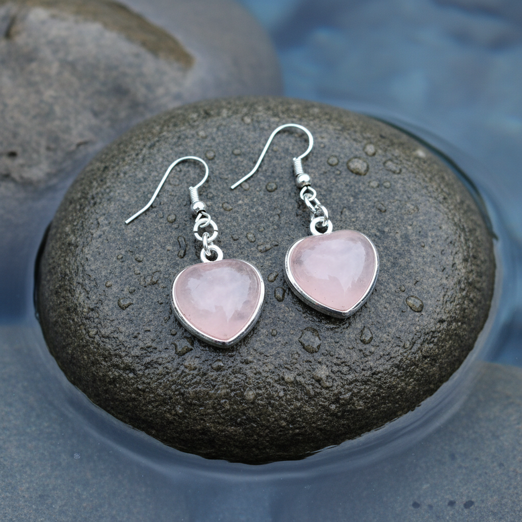 Roze edelstenen oorbellen met rozenkwarts in hart vorm en sterling zilver (925) liggend op steen | Rosé Quartz Silver Heart