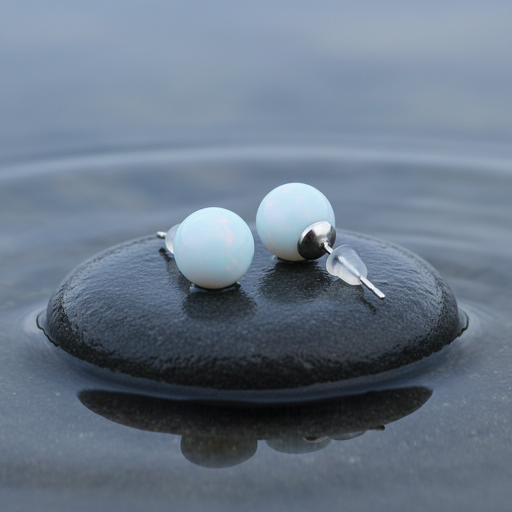 Licht blauwe oorknopjes met opaal liggend op steen in water | Sea Opal Ball