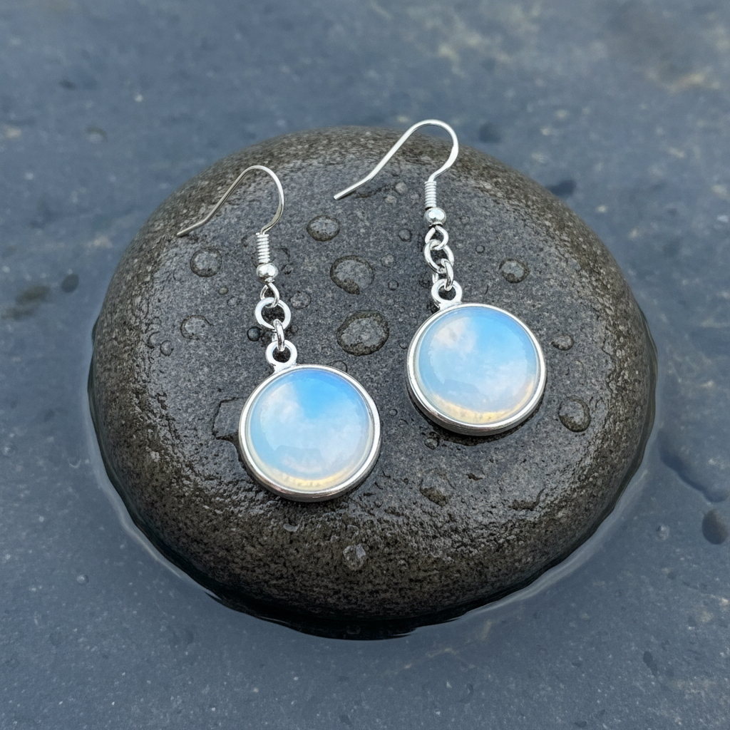 Licht blauwe edelstenen oorbellen met opaal en sterling zilver (925) liggend op steen in water, vooraanzicht | Sea Opal Round