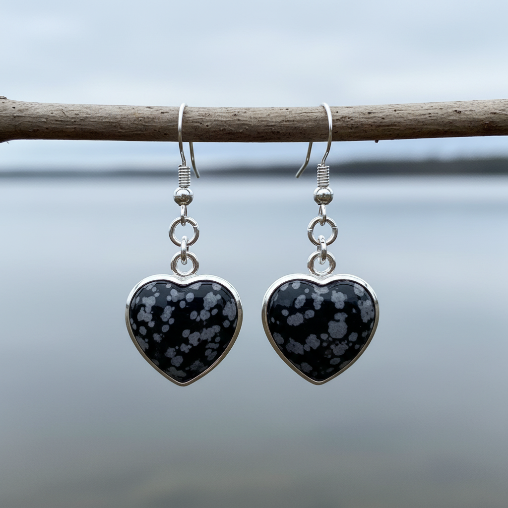 Grijze edelstenen oorbellen met sterling zilver (925) en sneeuw obsidiaan hangend aan takje | Snowflake Obsidian Silver Heart