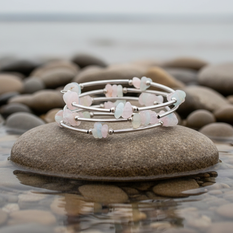 Edelstenen wikkelarmband met morganiet liggend op steen | Wrap Morganite Chip