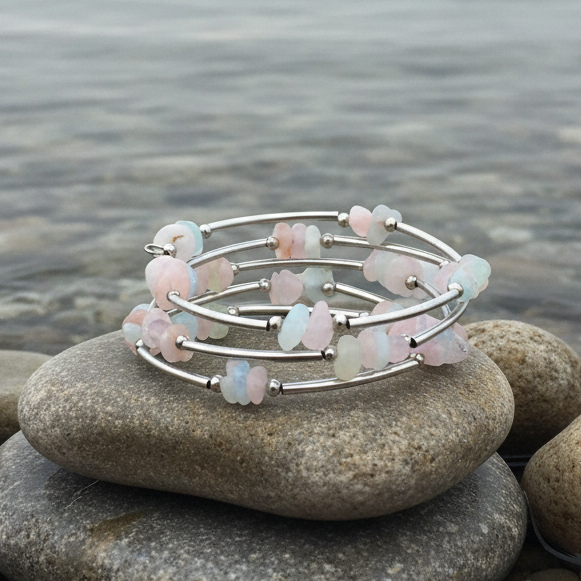 Edelstenen wikkelarmband met morganiet liggend op steen in water | Wrap Morganite Chip