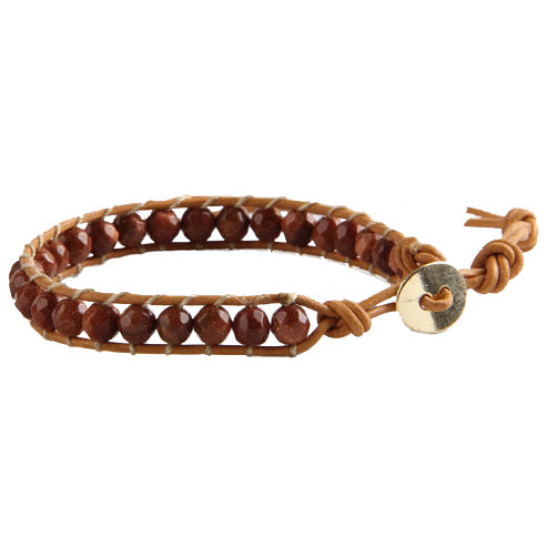 Bruin edelstenen armband met goudvuur / goudsteen en leer, achterzijde | Wrap Gold Sand