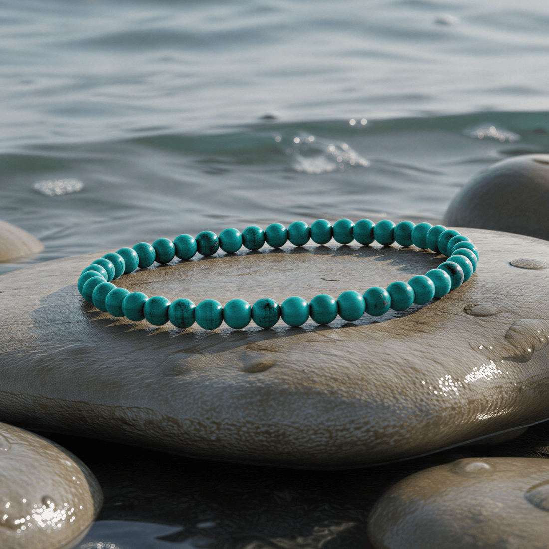 Edelstenen armband met chrysocolla, elastisch liggend op steen in water | Little Chrysocolla