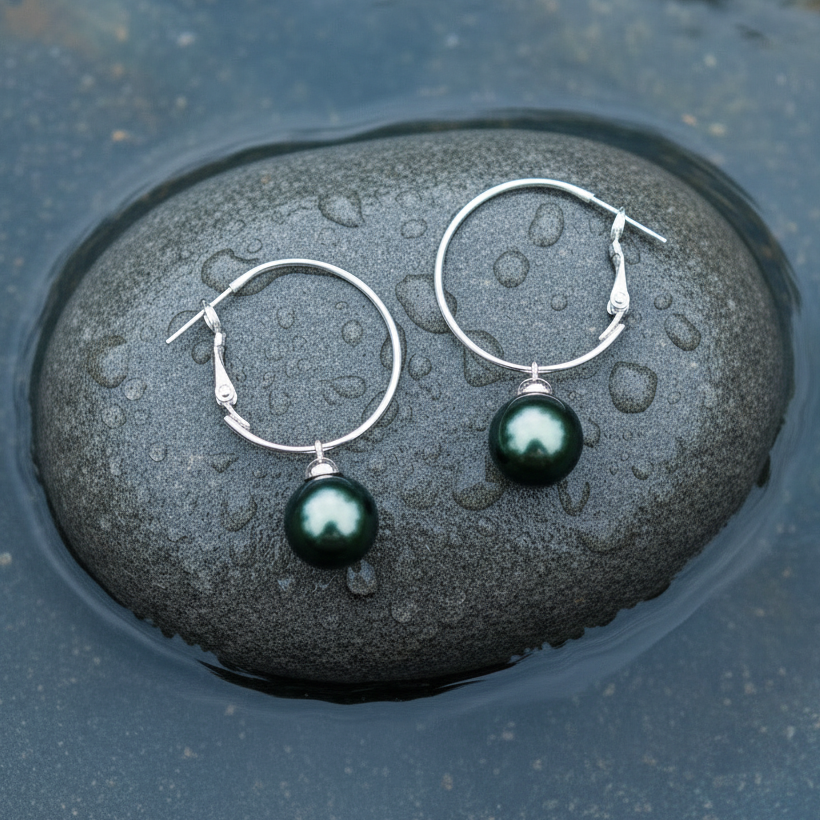 Groene mother of pearl parel oorbellen met zwarte groen parel aan een creool liggend op steen in water | Hope Green