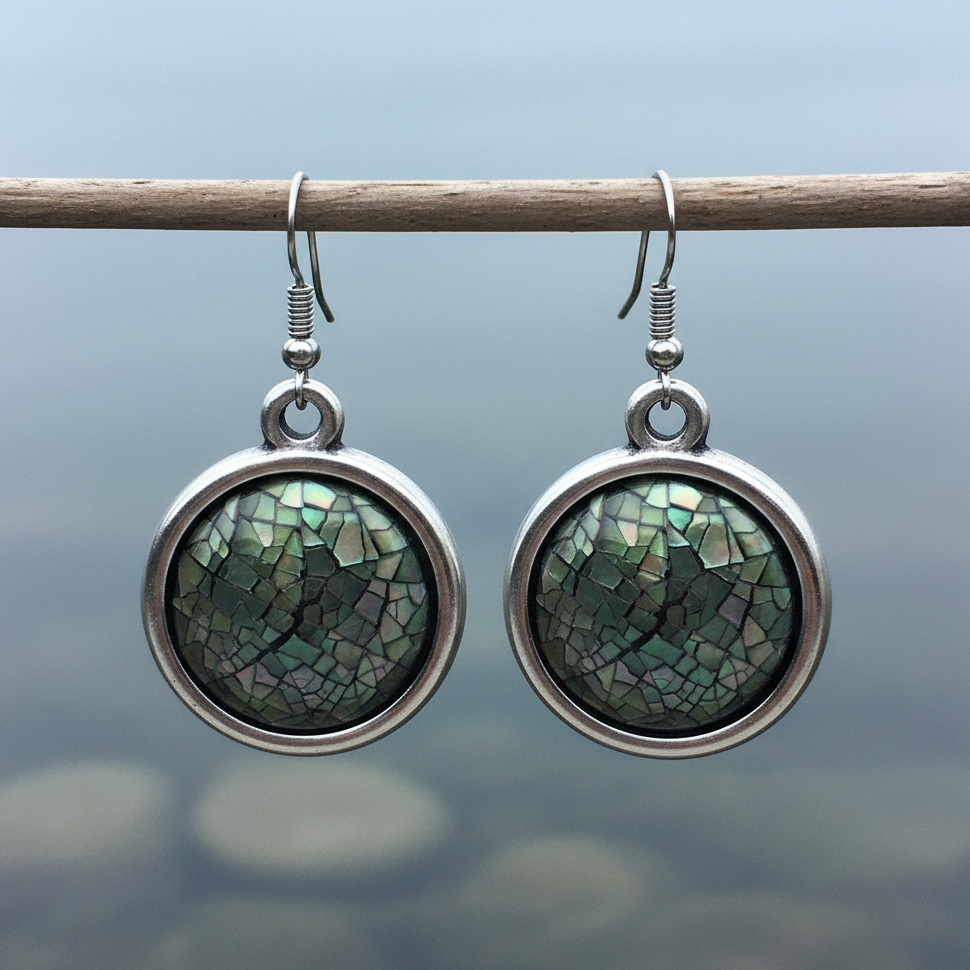 Parelmoeren oorbellen van groen blauw parelmoer en sterling zilver 925 hangend aan takje boven water | Blacklip Mozaik
