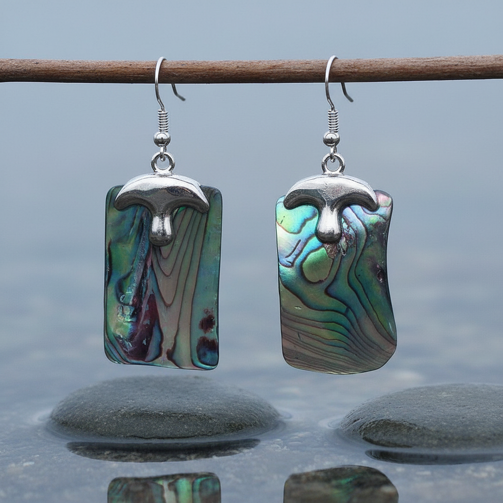 Parelmoeren oorbellen met abaloon met sterling zilver 925 hangend aan takje boven water | Shell Peacock