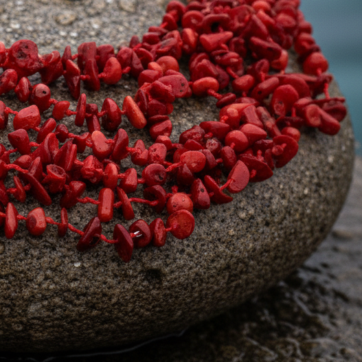 Rood koralen ketting met 8 strengen rood koraal liggend op steen close up | Big Coral Chip