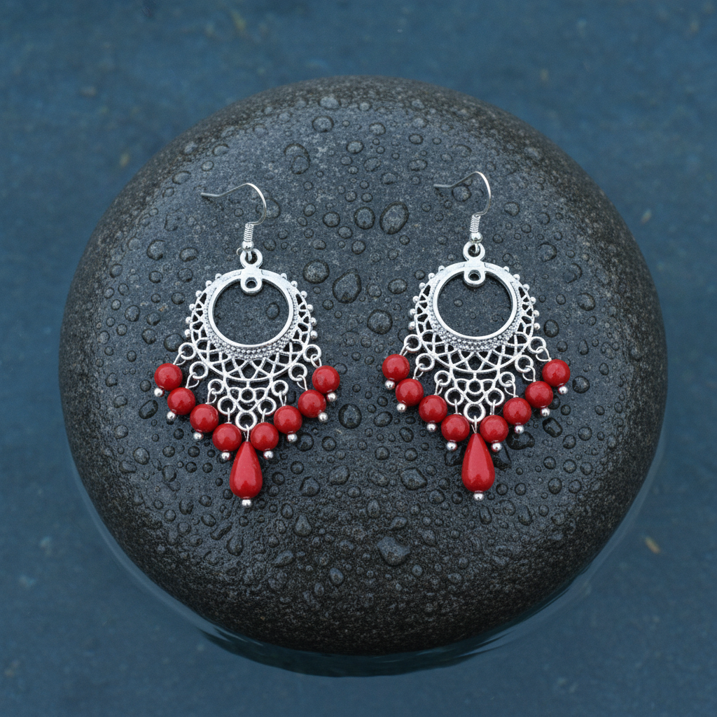 Rood koralen oorbellen met sterling zilver 925 liggend op steen | Coral Gipsy