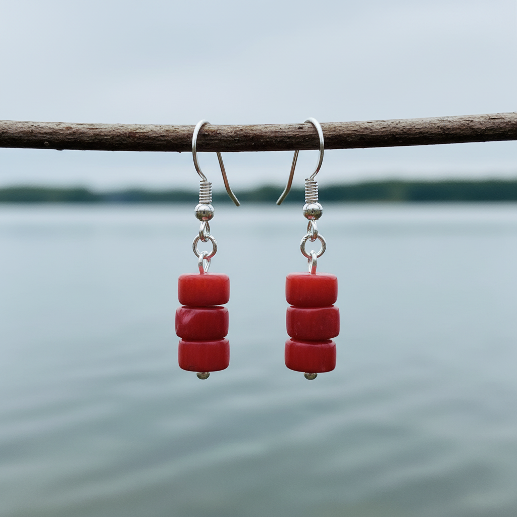 Rood koralen oorbellen met sterling zilver 925 hangend aan takje boven water | Little Coral Snake