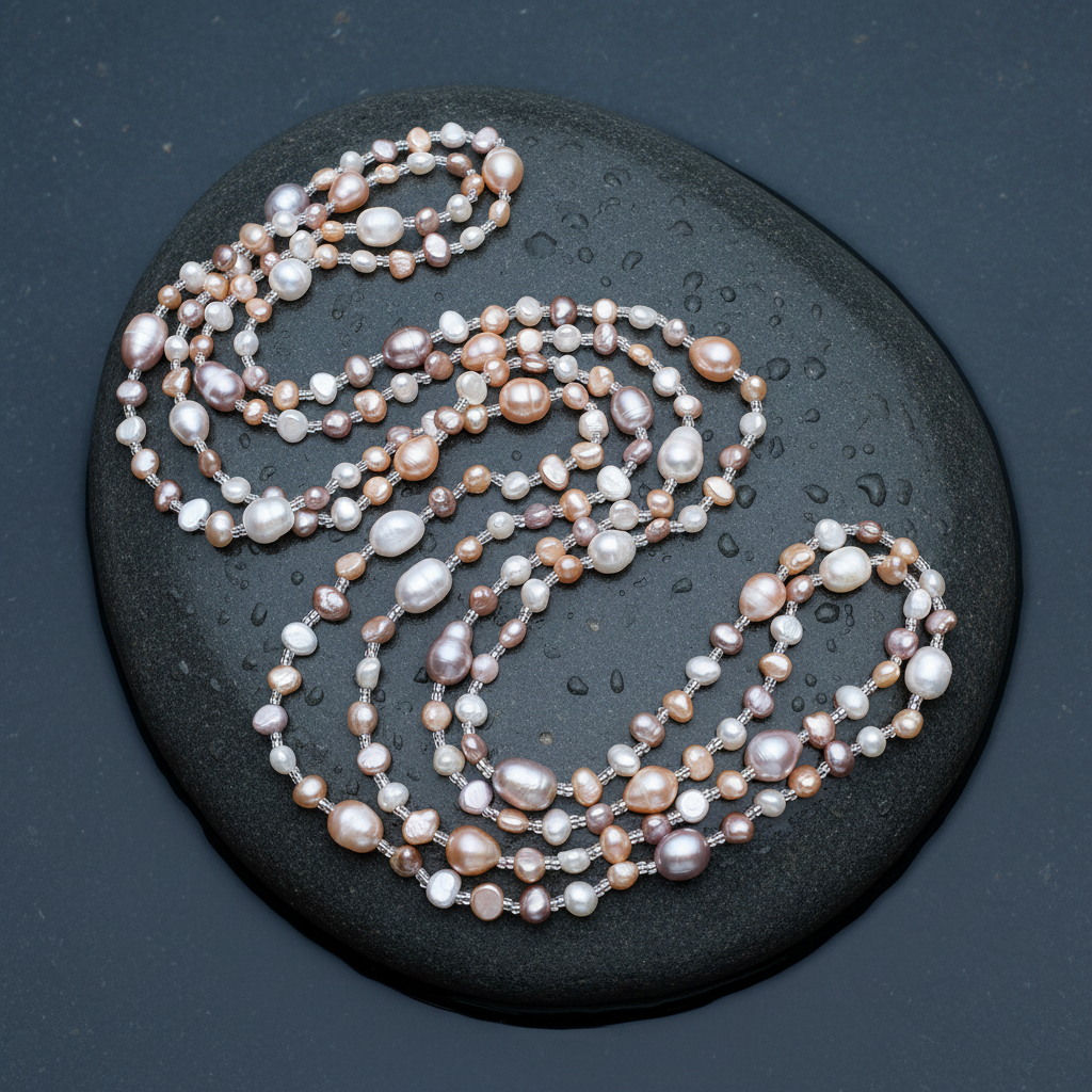 ange zoetwater parelketting met witte, roze en zalm kleurige parels liggend op zwarte steen in water | Long Seed Bead Soft Colors