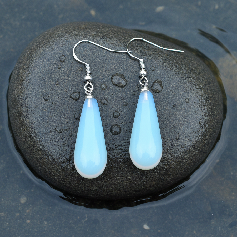 Licht blauwe edelstenen oorbellen met opaal en sterling zilver (925) liggend op steen in water | Sea Opal Long Drop