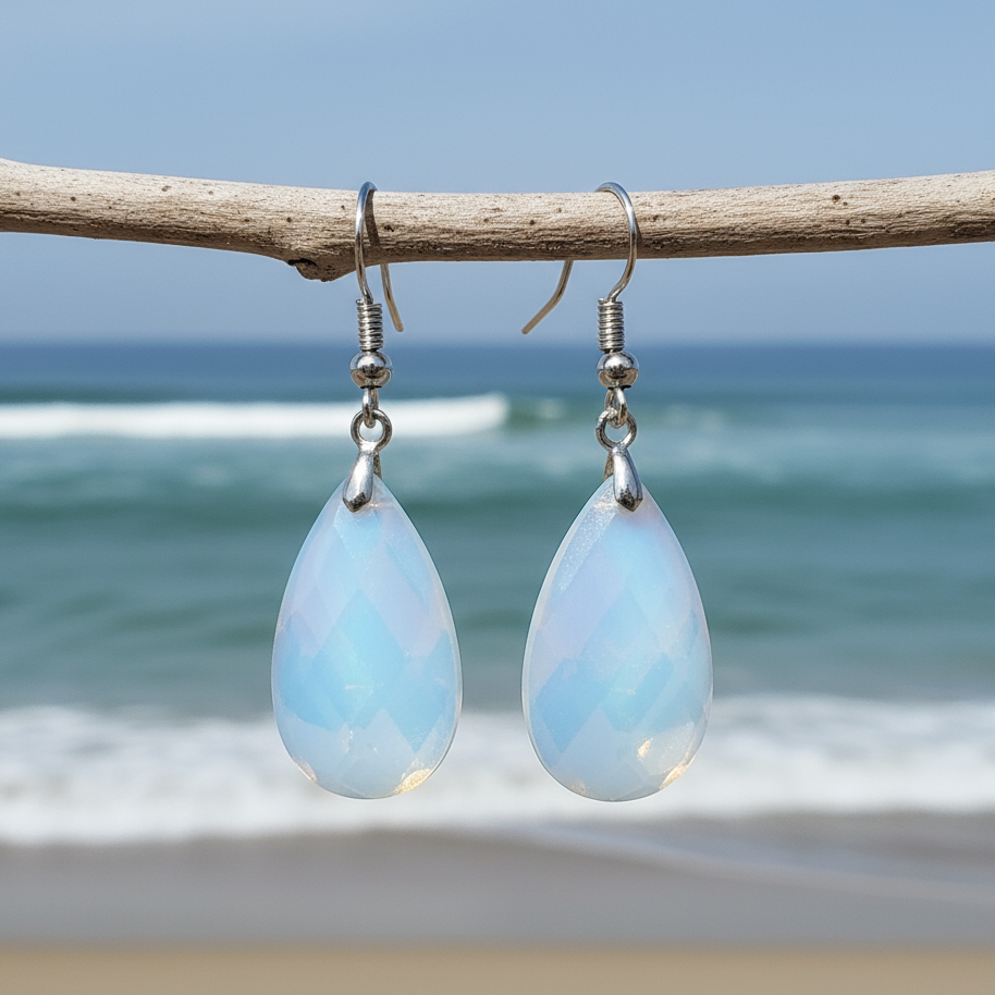 Licht blauwe edelstenen oorbellen met zee opaal en sterling zilver (925) hangend aan takje | Facet Sea Opal