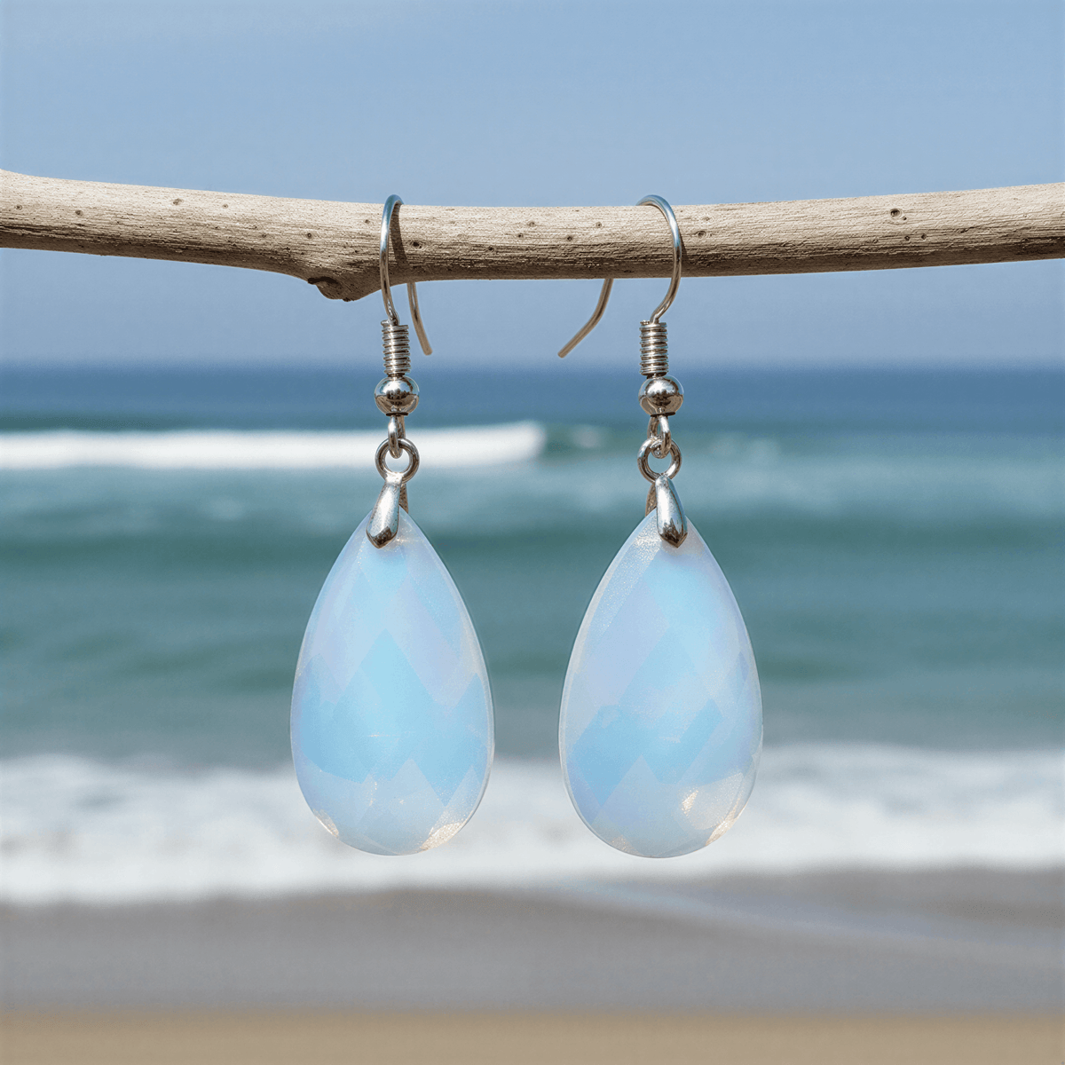 Licht blauwe edelstenen oorbellen met zee opaal en sterling zilver (925) hangend aan takje | Facet Sea Opal