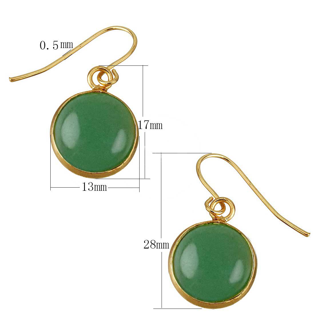 Groene edelstenen oorbellen met aventurien en goud edelstaal met maatindicatie | Green Aventurine Gold Round