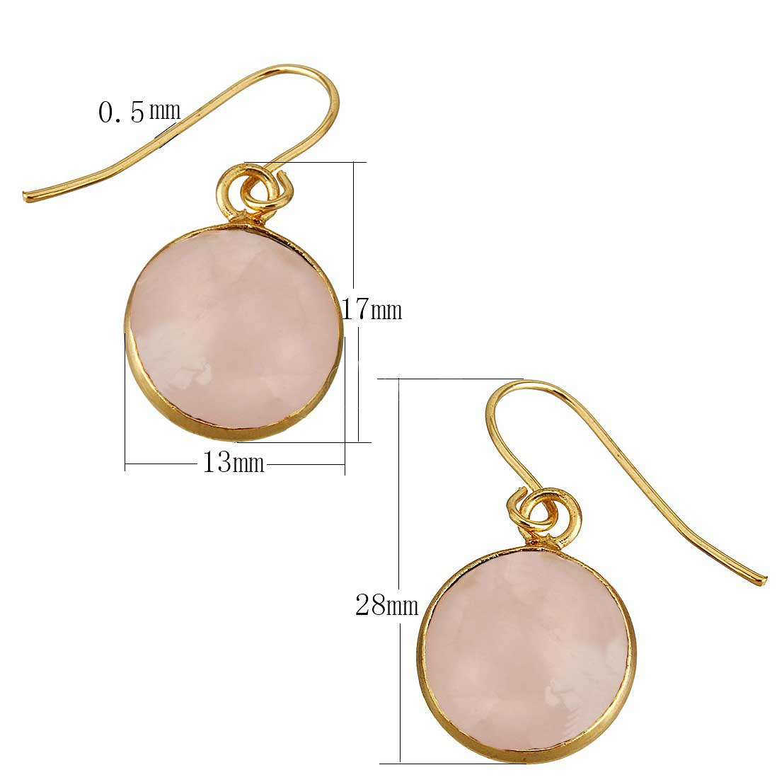 Maten van roze edelstenen oorbellen met rozenkwarts en goud edelstaal | Rosé Quartz Gold Round