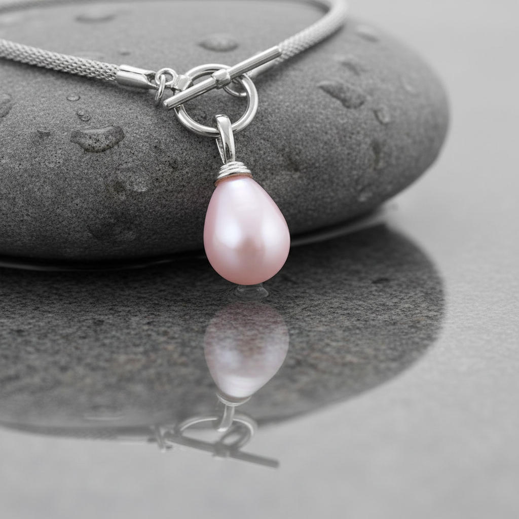 Detail van roze parelketting met parelhanger en zilver edelstaal liggend op natte steen | Mora