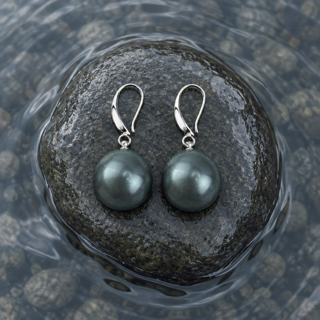 Mother of pearl parel oorbellen met grijs groene parel liggend op steen in water | Royal Green