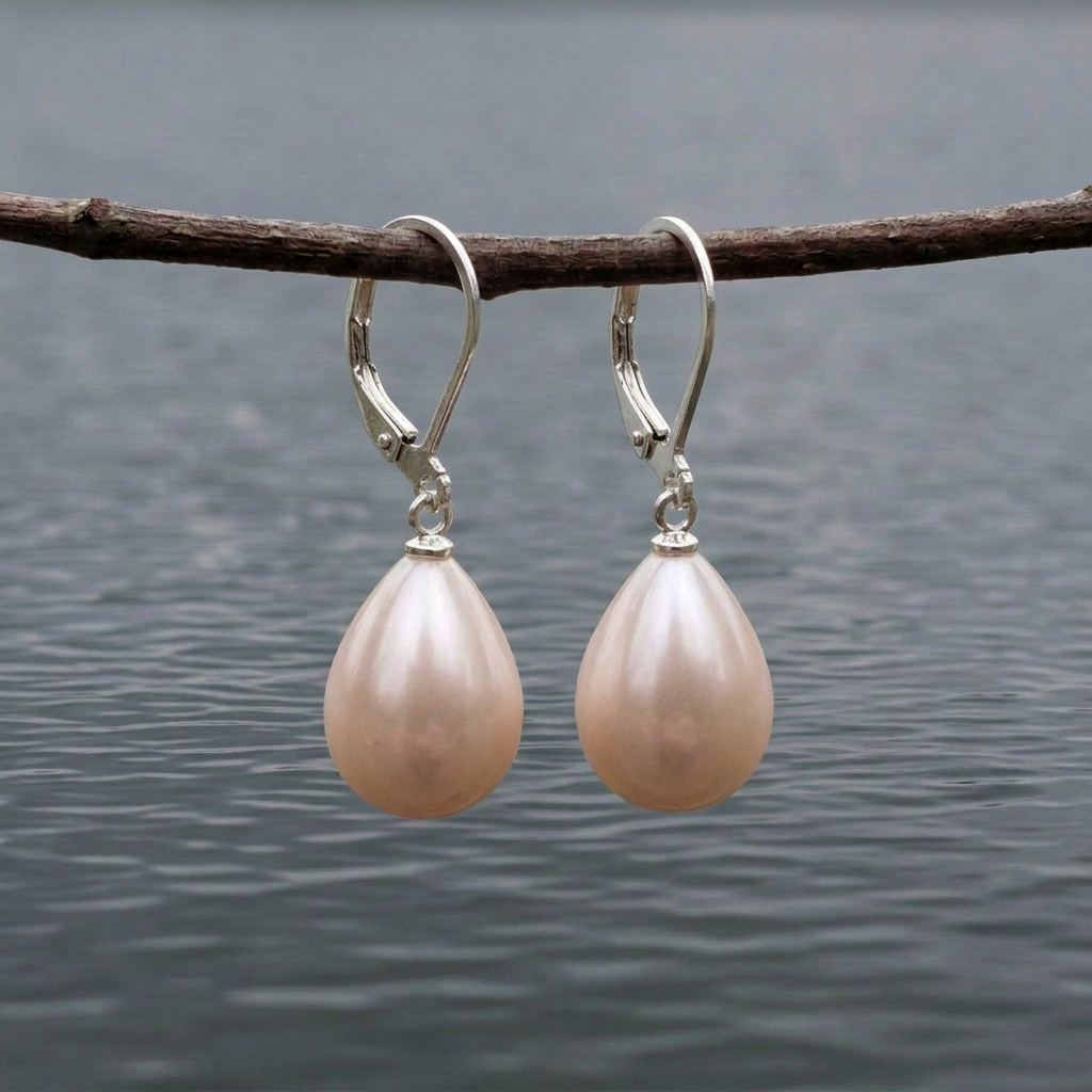 Mother of pearl parel oorbellen met zalm kleurige parel en zilver edelstaal hangend aan takje boven water | Polly