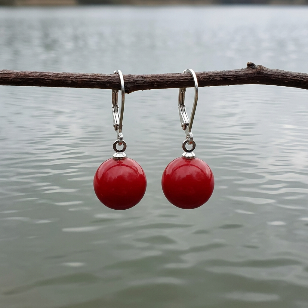 Rode mother of pearl parel oorbellen met zilver edelstaal hangend aan takje boven water | Scarlet