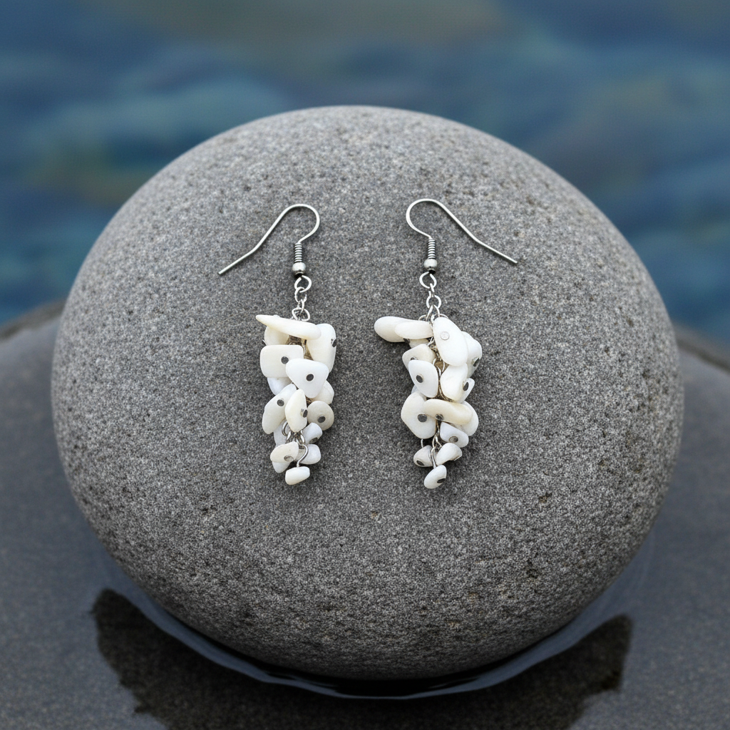 Witte oorbellen met stukjes witte schelp en sterling zilver (925) liggend op steen | White Stone