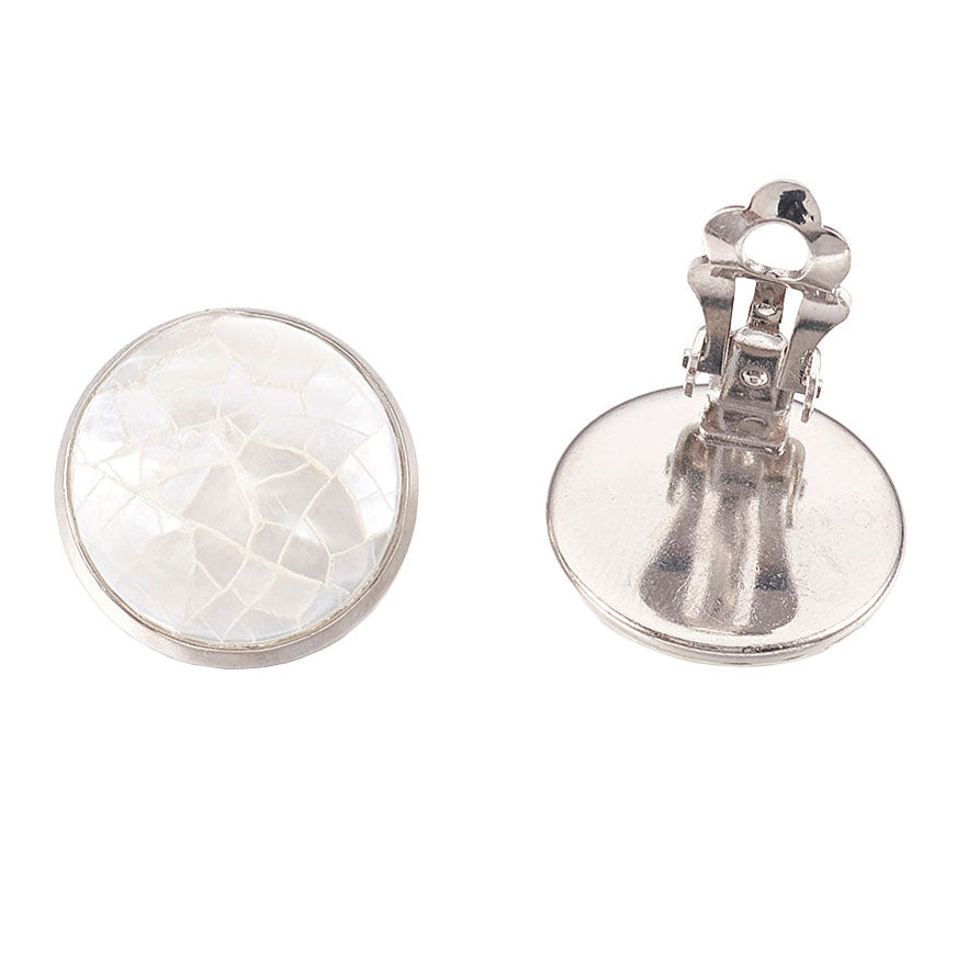 Parelmoeren clips oorbellen met wit crakle parelmoer, voor en achterkant | Clips White Shell Crakle