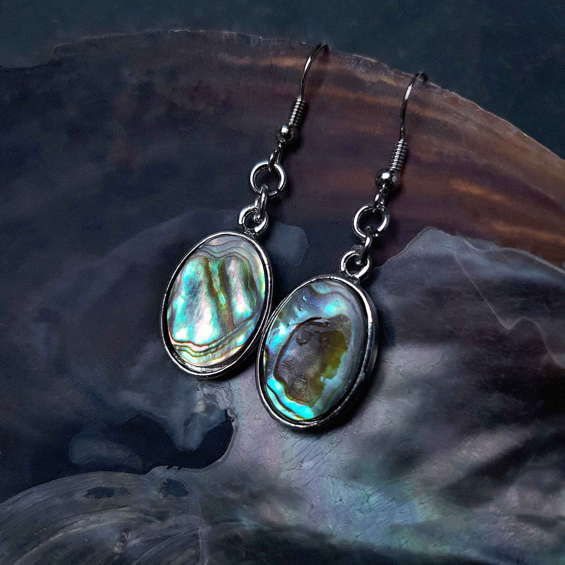 Parelmoeren oorbellen met abaloon en sterling zilver (925) liggend in schelp | Abalone Shell Oval
