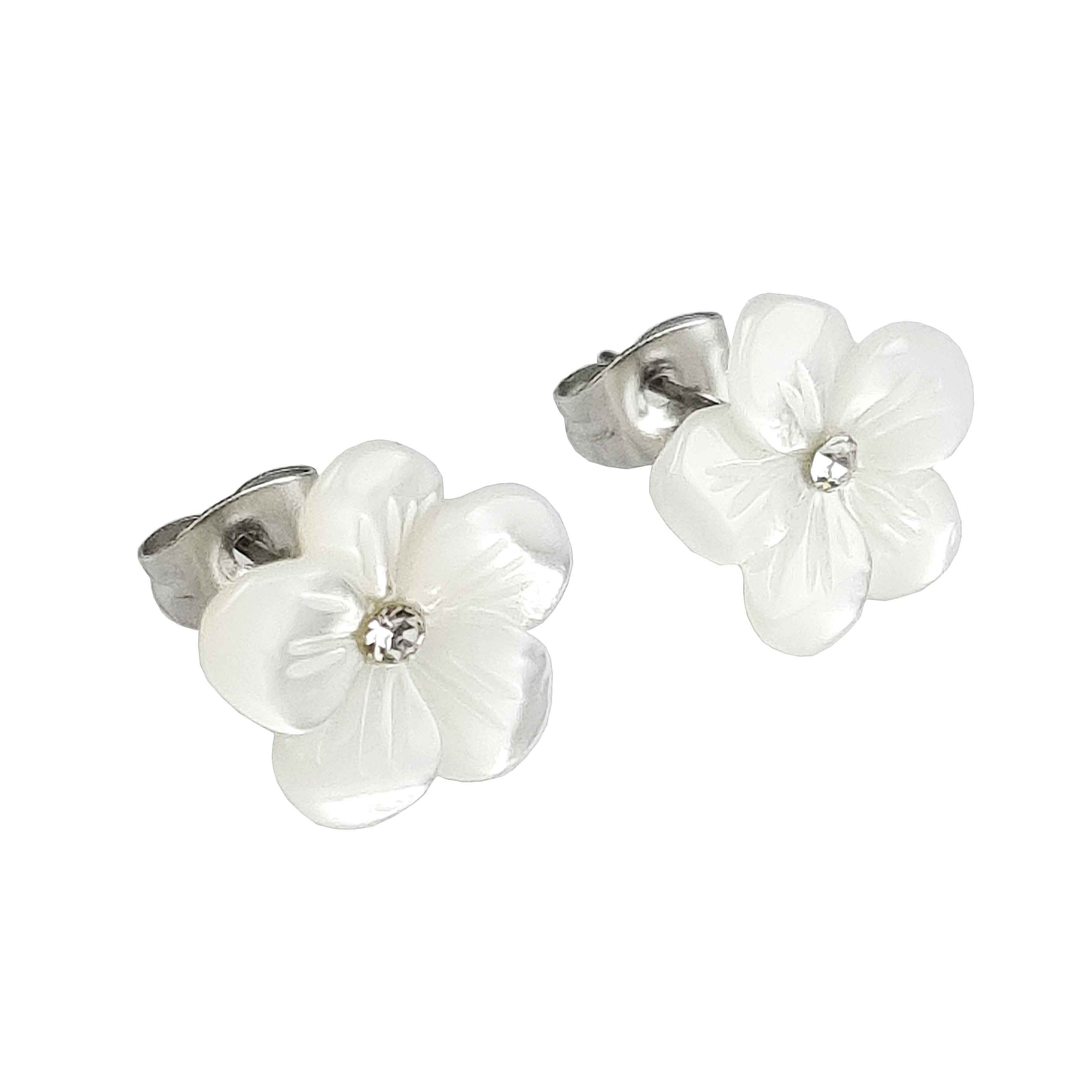 Witte parelmoeren oorknopjes met bloem en stras steentje, zijkant | Big Flower Bling