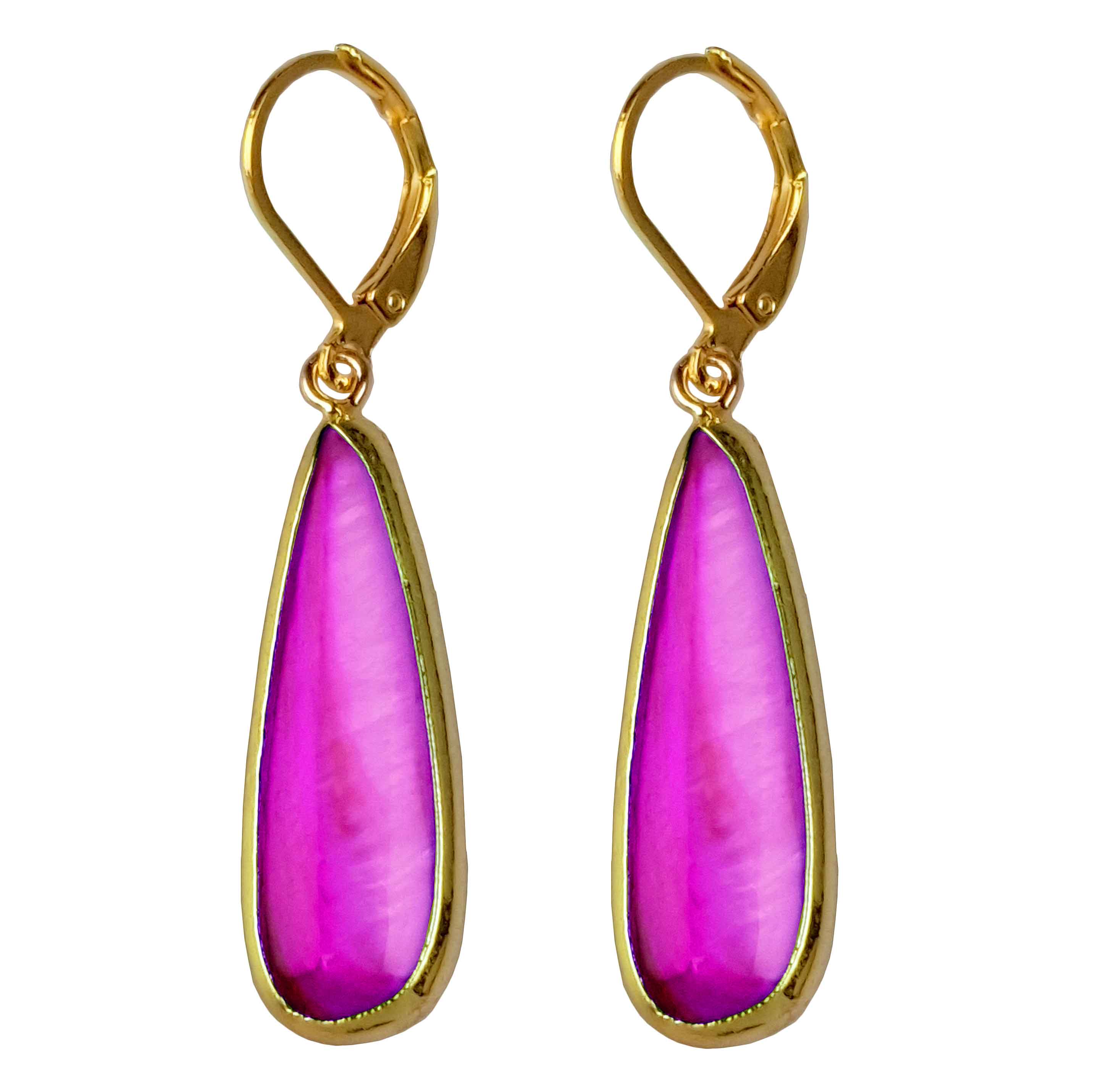 Roze parelmoeren oorbellen met goud edelstaal - Oblong Drop Pink