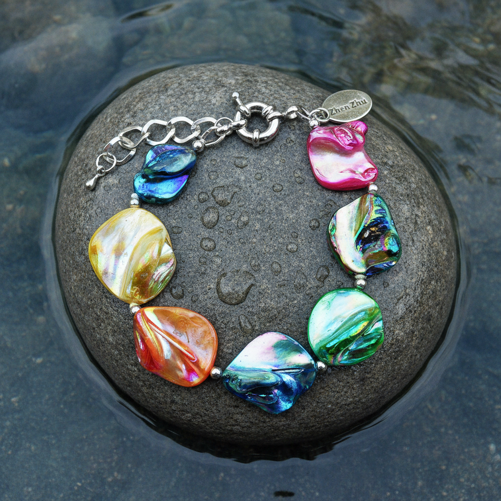Kleurrijke parelmoer schelp armband op natte grijze steen in meertje