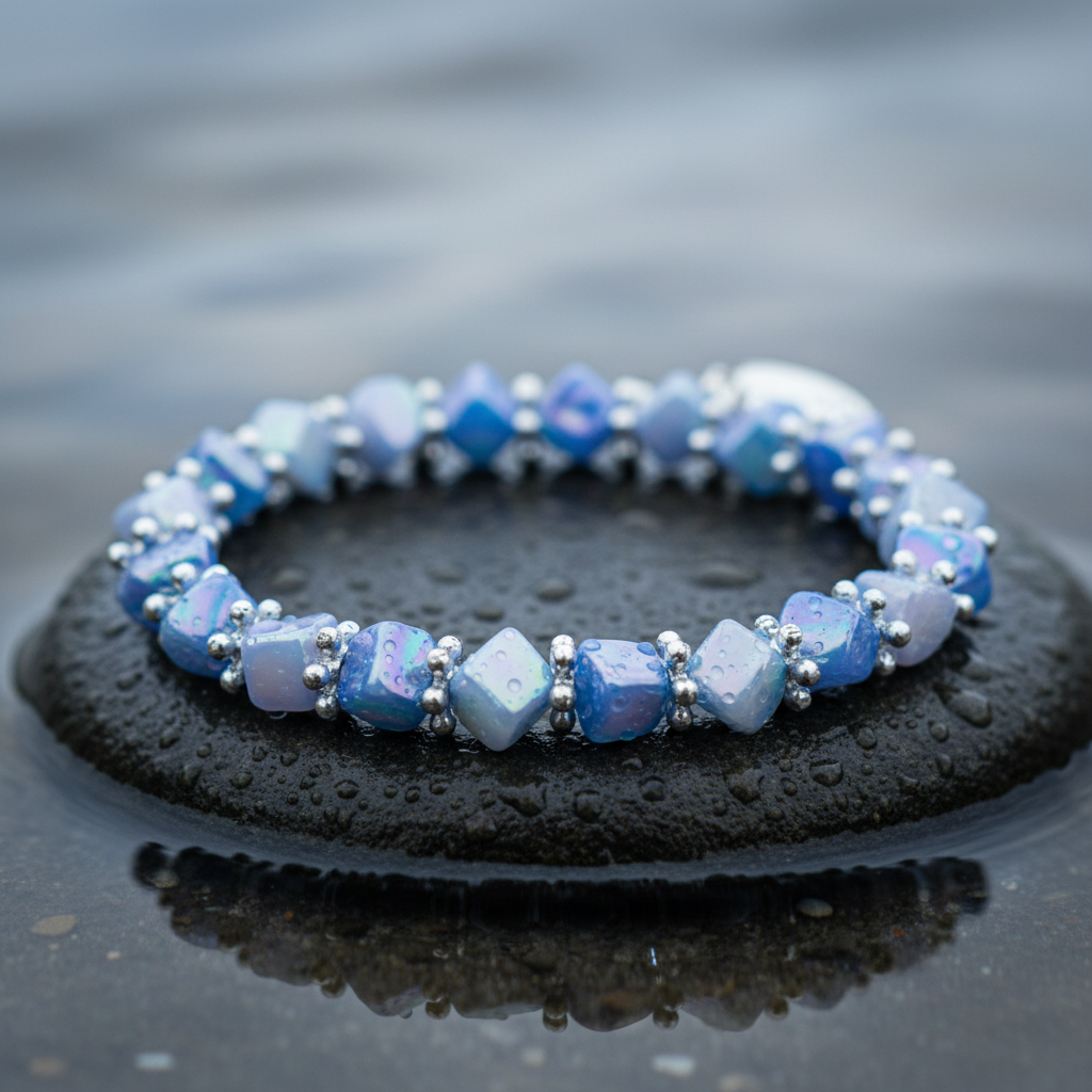 Blauw parelmoeren armband close up, elastisch | Shell Cube AB Blue