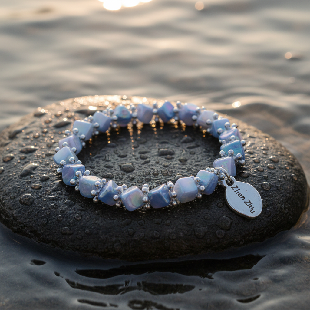Blauw parelmoeren armband liggend op steen in water, elastisch | Shell Cube AB Blue