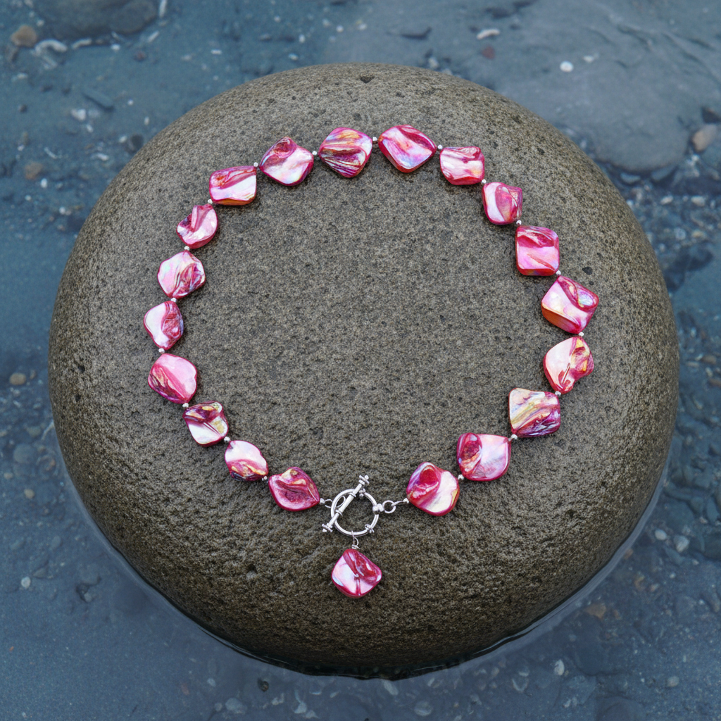 Pink gekleurde parelmoeren schelpen ketting met hanger liggend op steen | Shell AB Pink