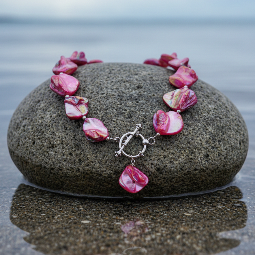 Pink gekleurde parelmoeren schelpen ketting met hanger liggend op steen in water | Shell AB Pink