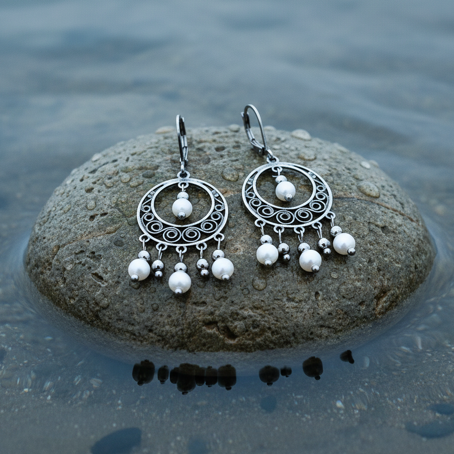 Witte parelmoeren oorbellen in oosterse stijl met zilver edelstaal liggend op steen | Saisha